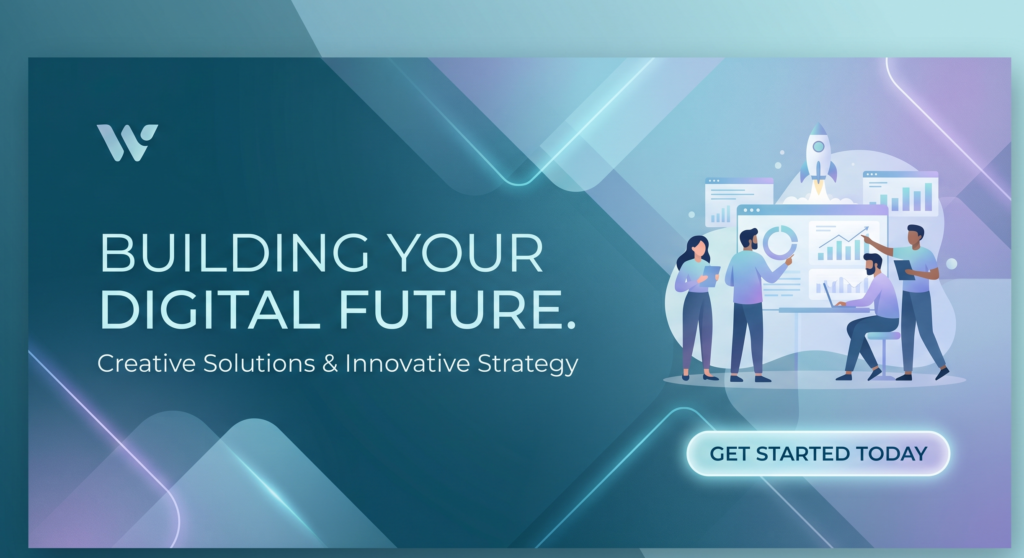 A digital promotional banner with a dark teal and purple geometric gradient background. On the left, large white text reads "BUILDING YOUR DIGITAL FUTURE." above smaller text saying "Creative Solutions & Innovative Strategy." On the right, a modern flat-style illustration shows a team of diverse professionals collaborating around a large digital interface featuring charts, graphs, and a rocket ship launching. A glowing button at the bottom right says "GET STARTED TODAY".
