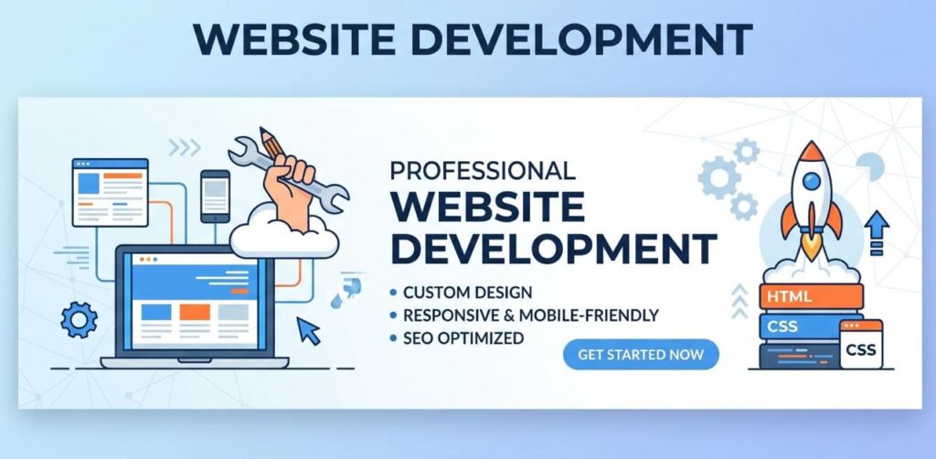 A horizontal banner with a light blue and white background titled "WEBSITE DEVELOPMENT." In the center, dark blue text reads "PROFESSIONAL WEBSITE DEVELOPMENT" followed by three bullet points: "CUSTOM DESIGN," "RESPONSIVE & MOBILE-FRIENDLY," and "SEO OPTIMIZED," with a rounded blue "GET STARTED NOW" button below. The left side features a line-art illustration of a laptop, floating web interface panels, a smartphone, and a hand emerging from a cloud holding a wrench and pencil. The right side shows an illustration of a rocket ship launching from two stacked databases labeled "HTML" and "CSS."