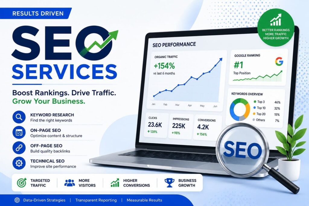 Illustration of performance marketing services by Himesh Digital Marketer, featuring a rocket launching from a laptop with growth charts for ROI and ROAS. The banner highlights Meta Ads, data-driven strategy, and lead generation with a call to action for a free audit.